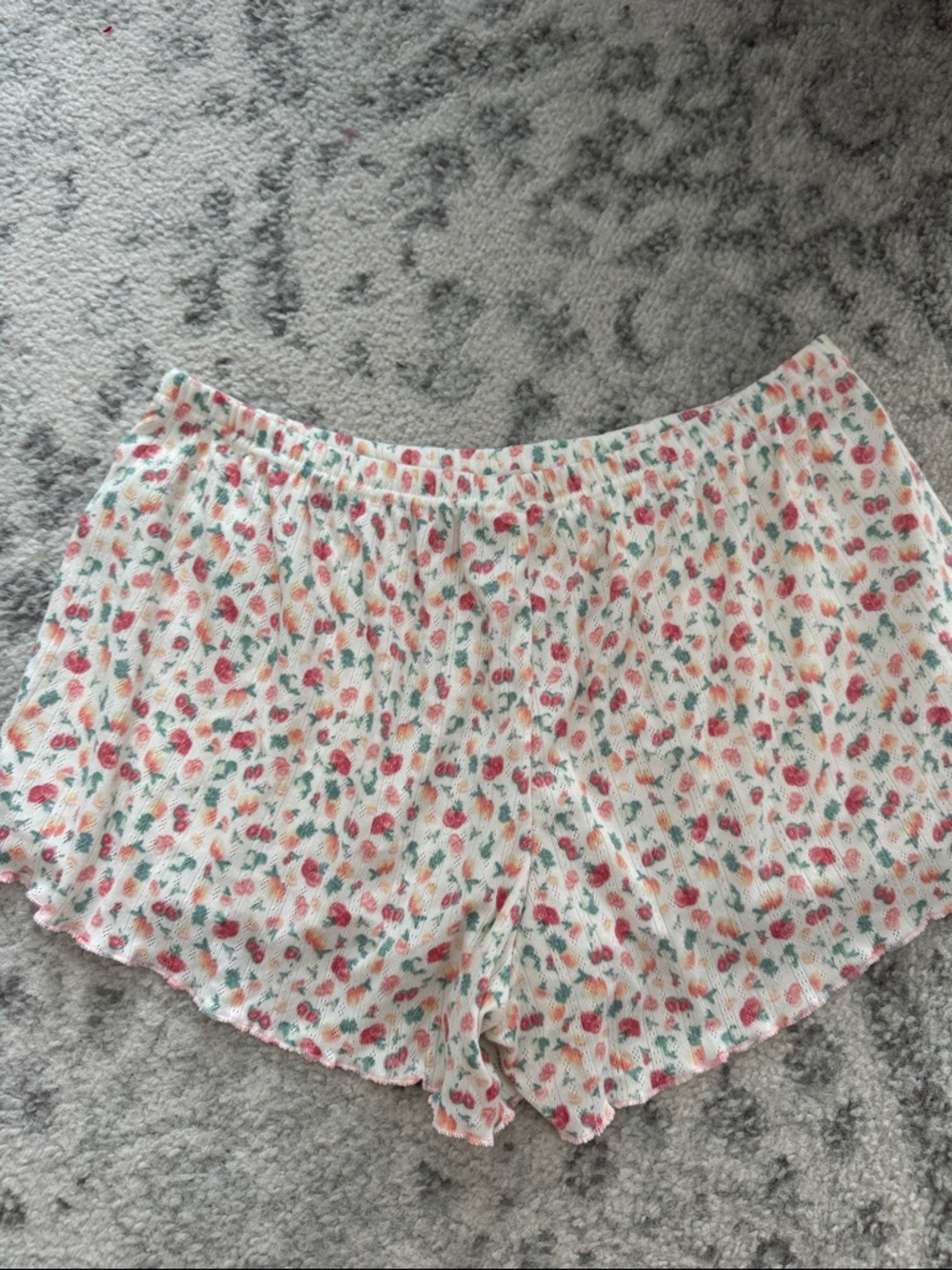 Floral Print Elastic Waist Lounge Shorts - White with Pink & Green - PJs